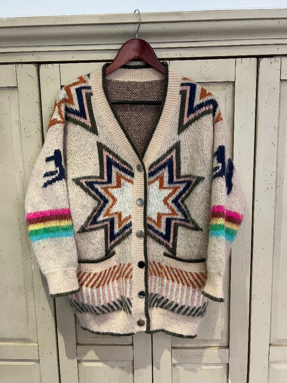 Zadig & Voltaire Star Jacquard Longline Cardigan Rainbow Stripe Sleeves Snap